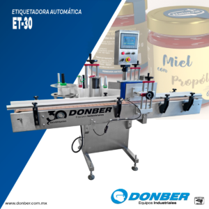 Etiquetadora automática para envases redondos modelo ET-30, marca Donber equipos industriales.